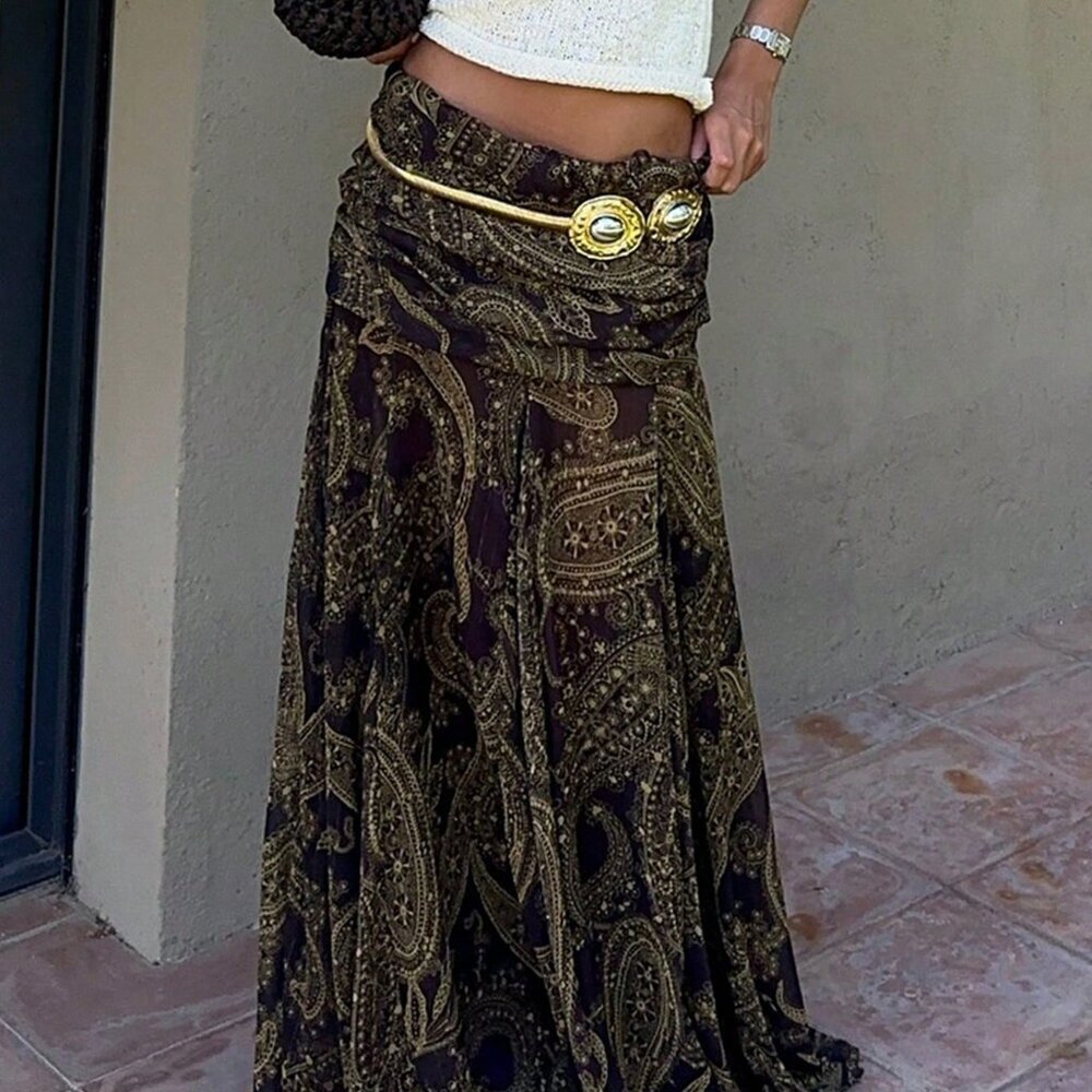 Brown Boho Women's Low-Waist Print Maxi Skirt - Picture 2 of 4